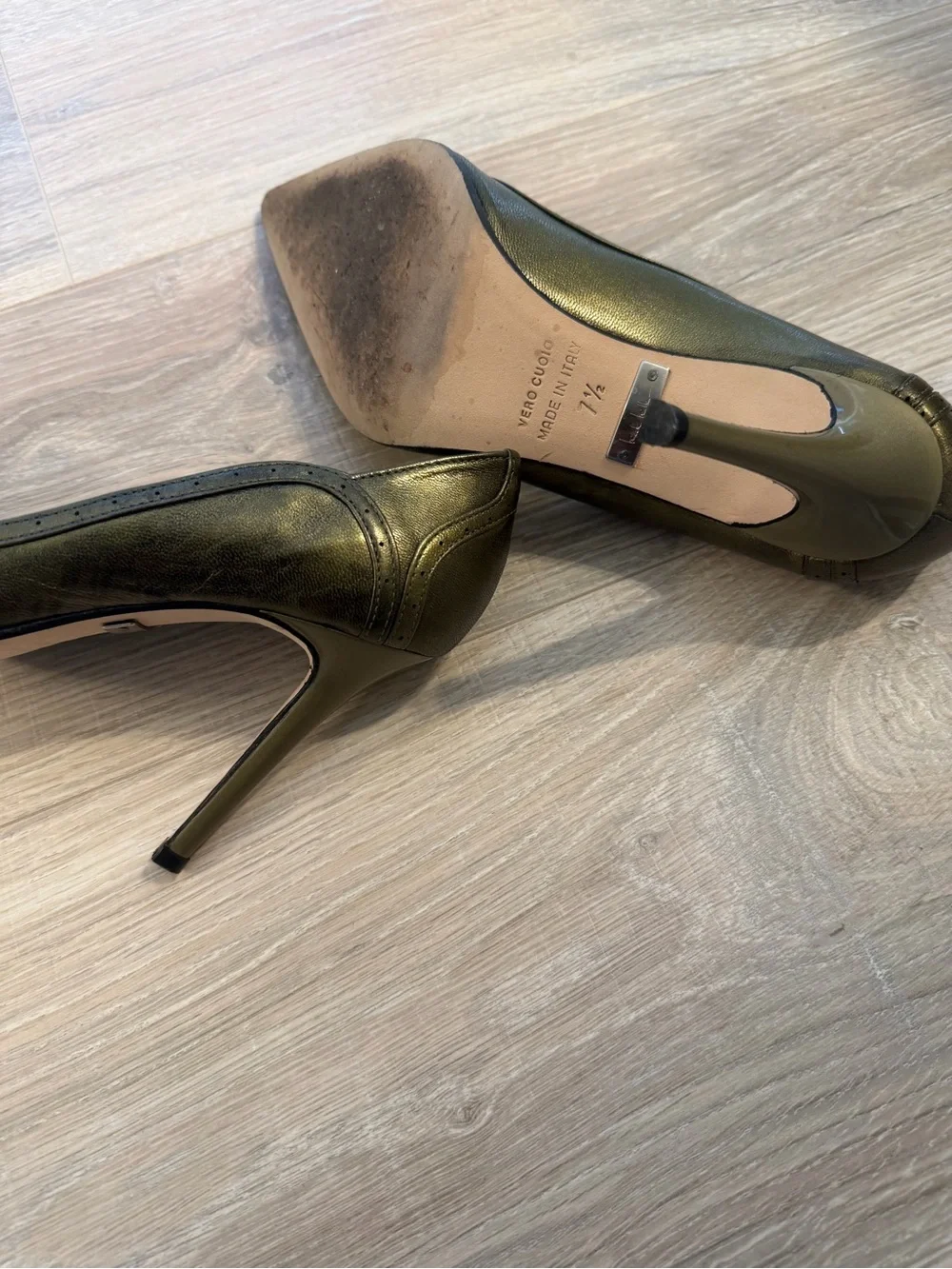 Nicole Miller Olive Green Metallic Pointed-Toe Stiletto Pumps